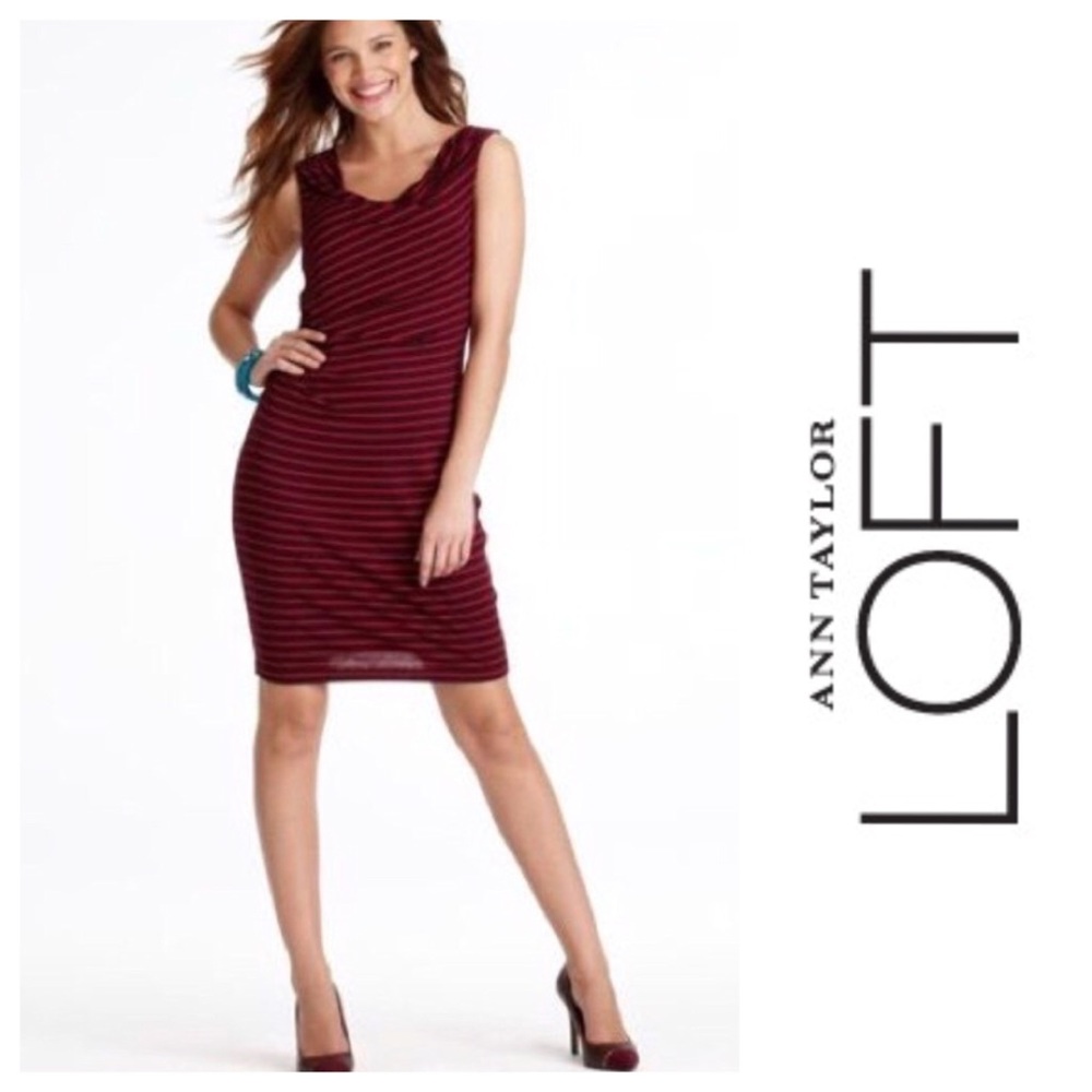 LOFT Stripe Cowl Neck Knit Sleeveless Dress Red